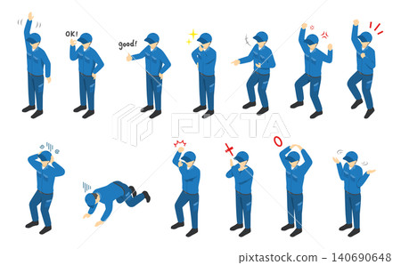Isometric illustration: Male worker expressing various emotions Isometric illustration: Male worker expressing various emotions 140690648