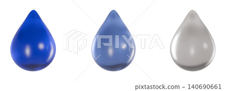 Glass-textured water droplets in three different colors: 3D rendering illustration set Glass-textured water droplets in three different colors: 3D rendering illustration set 140690661