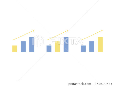 A set of illustrations featuring a bar graph with one bar of a different color sloping upwards and a hand-drawn straight arrow (blue and yellow). A set of illustrations featuring a bar graph with one bar of a different color sloping upwards and a hand-drawn straight arrow (blue and yellow). 140690673