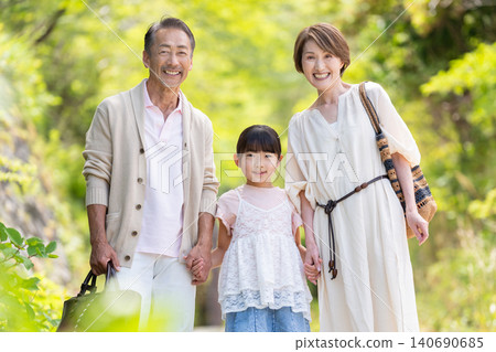 A three-generation family of a senior couple and their granddaughter enjoying a trip. A three-generation family of a senior couple and their granddaughter enjoying a trip. 140690685
