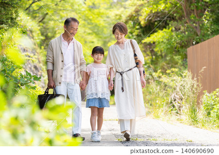 A three-generation family of a senior couple and their granddaughter enjoying a trip. A three-generation family of a senior couple and their granddaughter enjoying a trip. 140690690