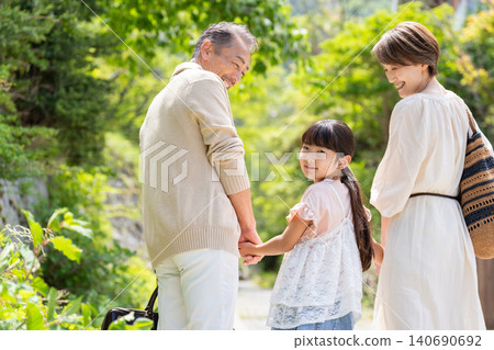 一對老年夫婦和他們的孫女一家三代正在享受旅行。 一對老年夫婦和他們的孫女一家三代正在享受旅行。 140690692