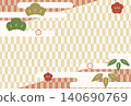 A Japanese-style background featuring plum blossoms and a gold arrow feather pattern. 140690769