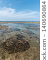 A shallow sea with a reef where branching coral and rock coral are exposed at the surface. 140690864