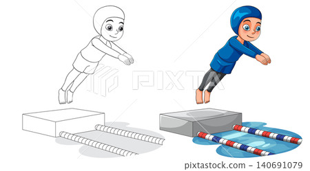 Cartoon Girl in Modest Swimwear Diving from a Starting Block Cartoon Girl in Modest Swimwear Diving from a Starting Block 140691079