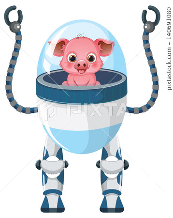 Cute Cartoon Pig Pilot Operating a Futuristic Bipedal Robot Suit 140691080