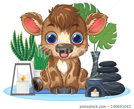 Cute Cartoon Highland Cow Calf Relaxing in a Spa Setting 140691083