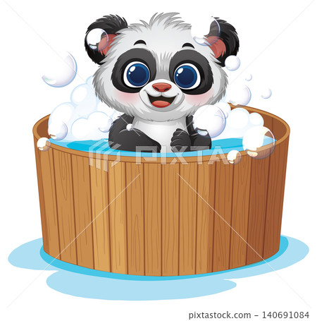 Cute Cartoon Panda Cub Taking a Bubble Bath in Wooden Tub 140691084