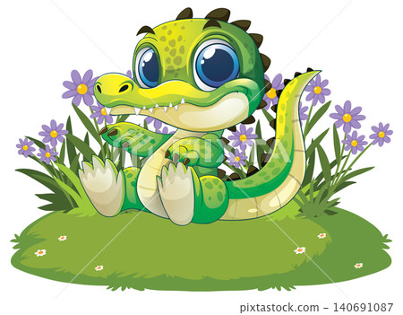 Cute Cartoon Baby Crocodile Sitting in a Grassy Field with Purple Flowers Cute Cartoon Baby Crocodile Sitting in a Grassy Field with Purple Flowers 140691087