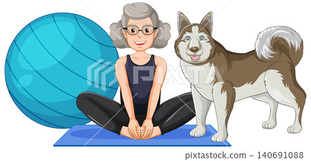 Senior Woman Practicing Yoga on Mat with Husky Dog and Fitness Ball Senior Woman Practicing Yoga on Mat with Husky Dog and Fitness Ball 140691088