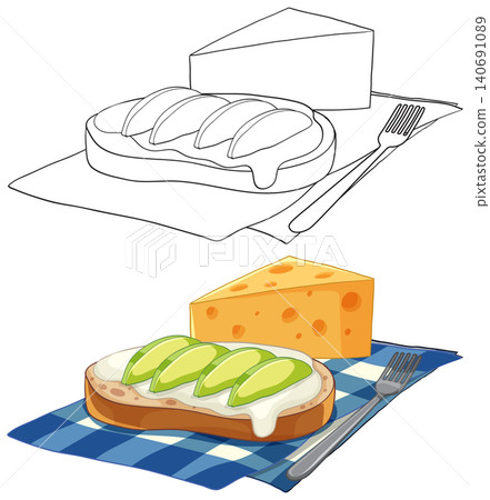Avocado Toast and Cheese Wedge Vector Illustration with Line Art Avocado Toast and Cheese Wedge Vector Illustration with Line Art 140691089