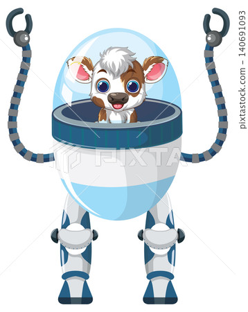 Cute Cartoon Cow Piloting a Futuristic White and Blue Robot Suit Cute Cartoon Cow Piloting a Futuristic White and Blue Robot Suit 140691093