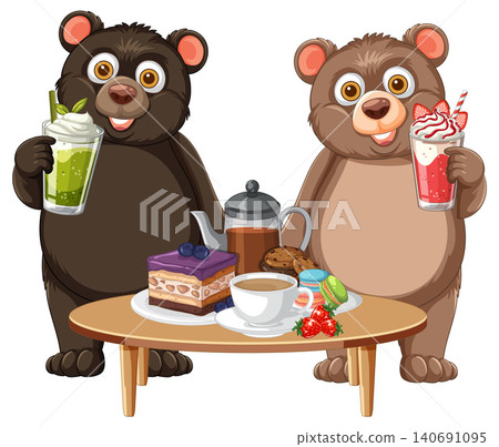 Two Cartoon Bears Enjoying Sweet Treats and Drinks at a Table 140691095