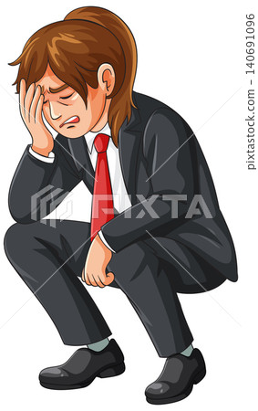 Businesswoman Squatting with Hand on Forehead in Distress Businesswoman Squatting with Hand on Forehead in Distress 140691096