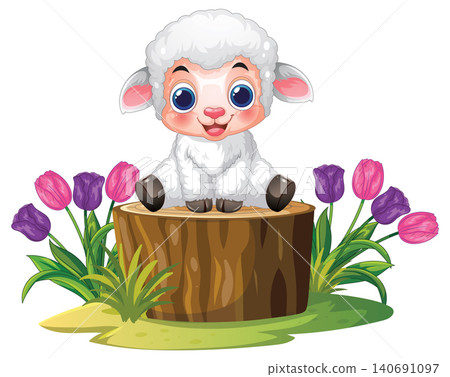 Cute Cartoon Lamb Sitting on a Tree Stump with Tulips Cute Cartoon Lamb Sitting on a Tree Stump with Tulips 140691097