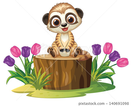 Cute Cartoon Meerkat Sitting on a Tree Stump with Tulips Cute Cartoon Meerkat Sitting on a Tree Stump with Tulips 140691098