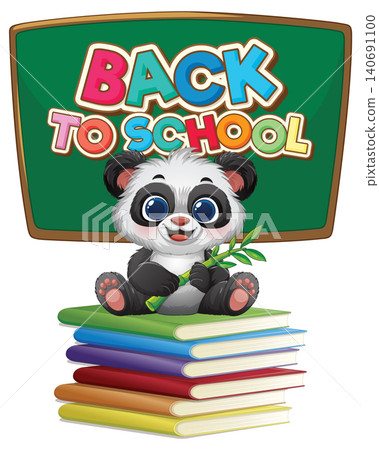 Cute Cartoon Panda Sitting on Books with Back to School Sign Cute Cartoon Panda Sitting on Books with Back to School Sign 140691100