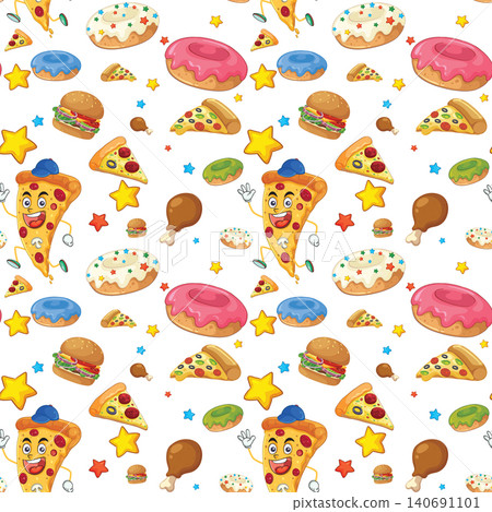 Seamless Vector Pattern of Cartoon Fast Food Characters and Snacks 140691101