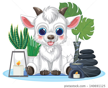 Cute Cartoon White Goat Sitting in a Relaxing Spa Setting Cute Cartoon White Goat Sitting in a Relaxing Spa Setting 140691125