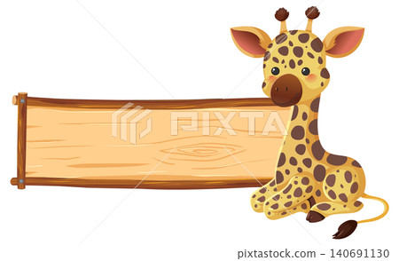 Cute Cartoon Giraffe Sitting Next to a Blank Wooden Sign 140691130