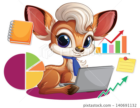 Cartoon Deer Character Working on Laptop with Business Data Charts Cartoon Deer Character Working on Laptop with Business Data Charts 140691132