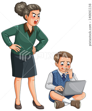 Angry Teacher Scolding Worried Student Using Laptop Angry Teacher Scolding Worried Student Using Laptop 140691138