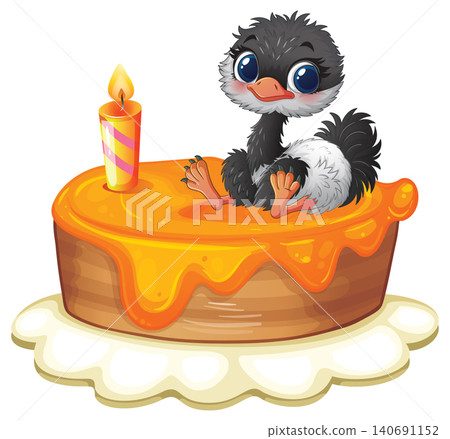 Cute Baby Ostrich Sitting on a Birthday Cake with Burning Candle Cute Baby Ostrich Sitting on a Birthday Cake with Burning Candle 140691152