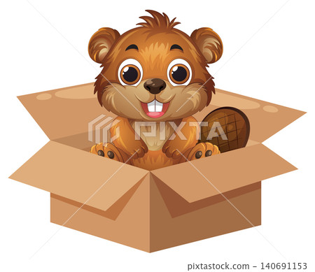 Cute Cartoon Beaver Sitting Inside an Open Cardboard Box Cute Cartoon Beaver Sitting Inside an Open Cardboard Box 140691153