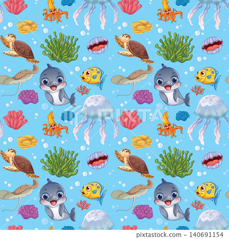 Seamless Cartoon Underwater Pattern with Cute Sea Creatures and Coral Reef Seamless Cartoon Underwater Pattern with Cute Sea Creatures and Coral Reef 140691154