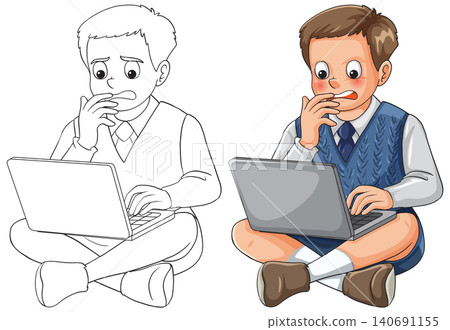Worried Schoolboy Sitting With Laptop Computer Illustration Worried Schoolboy Sitting With Laptop Computer Illustration 140691155