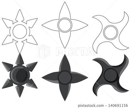Set of Ninja Shuriken Throwing Stars in Outline and Solid Styles Set of Ninja Shuriken Throwing Stars in Outline and Solid Styles 140691156