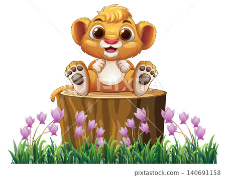 Cute Cartoon Lion Cub Sitting on a Tree Stump with Flowers Cute Cartoon Lion Cub Sitting on a Tree Stump with Flowers 140691158