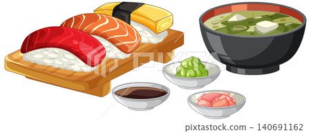 Japanese Sushi Set with Miso Soup and Condiments Vector Illustration Japanese Sushi Set with Miso Soup and Condiments Vector Illustration 140691162