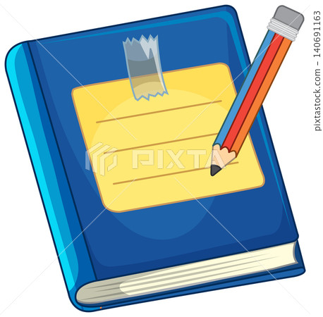 Blue Hardcover Notebook with Yellow Sticky Note and Pencil Illustration Blue Hardcover Notebook with Yellow Sticky Note and Pencil Illustration 140691163