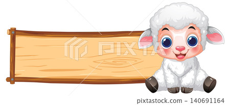 Cute Cartoon Lamb Sitting Next to Blank Wooden Sign Board Cute Cartoon Lamb Sitting Next to Blank Wooden Sign Board 140691164