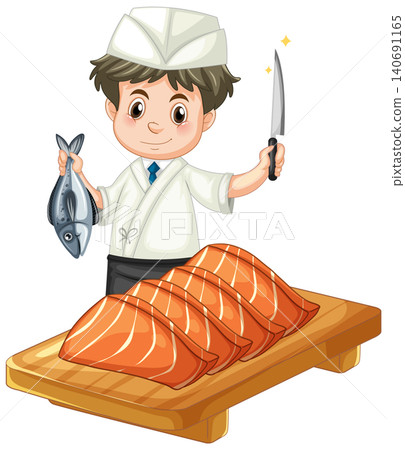 Cartoon Sushi Chef Holding Raw Fish and Sharp Knife with Salmon Fillets Cartoon Sushi Chef Holding Raw Fish and Sharp Knife with Salmon Fillets 140691165