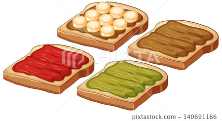 Assorted Toast Slices with Jam Peanut Butter and Banana Toppings Assorted Toast Slices with Jam Peanut Butter and Banana Toppings 140691166