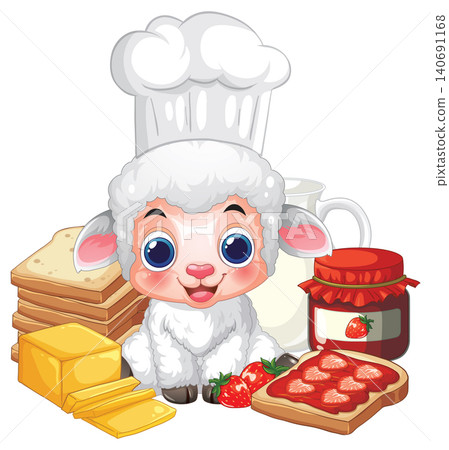 Cute Cartoon Lamb Chef with Breakfast Bread Jam and Milk Cute Cartoon Lamb Chef with Breakfast Bread Jam and Milk 140691168