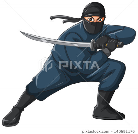 Ninja Warrior in Crouching Stance Holding a Sharp Katana Sword Ninja Warrior in Crouching Stance Holding a Sharp Katana Sword 140691176