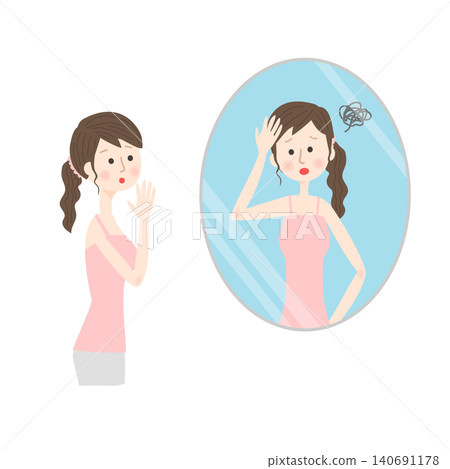 一位年輕女子看著鏡子裡自己憂心忡忡的倒影。 一位年輕女子看著鏡子裡自己憂心忡忡的倒影。 140691178
