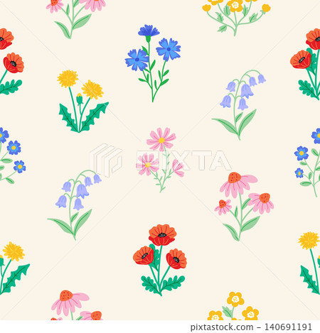 Cute colorful hand drawn wildflower seamless pattern Cute colorful hand drawn wildflower seamless pattern 140691191