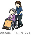 An elderly woman in a wheelchair and a female caregiver assisting her. 140691271
