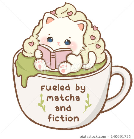 Cute Cat Reading Inside a Giant Matcha Latte Mug Fueled by Matcha and Fiction Cozy Book Lover Illustration Cute Cat Reading Inside a Giant Matcha Latte Mug Fueled by Matcha and Fiction Cozy Book Lover Illustration 140691735
