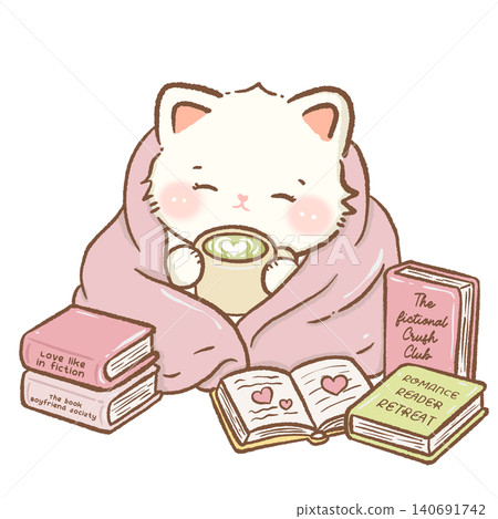 Cozy Cat Wrapped in Blanket Reading Romance Books with Matcha Latte Book Lover Illustration Cozy Cat Wrapped in Blanket Reading Romance Books with Matcha Latte Book Lover Illustration 140691742