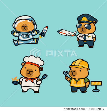 Cute Capybara Future Careers Characters Set Astronaut, Pilot, Chef and Construction Worker Cute Capybara Future Careers Characters Set Astronaut, Pilot, Chef and Construction Worker 140692017
