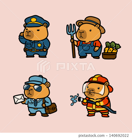 Cute Capybara Community Helpers Set Police Officer, Firefighter, Mail Carrier and Farmer Cute Capybara Community Helpers Set Police Officer, Firefighter, Mail Carrier and Farmer 140692022