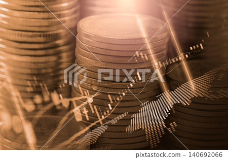 Business man on digital stock market financial indicator background. Digital business and stock market financial indicator on LED. Double exposure of business man and digital stock market financial. 140692066