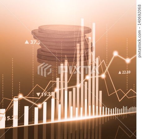 Business man on digital stock market financial indicator background. Digital business and stock market financial indicator on LED. Double exposure of business man and digital stock market financial. 140692068