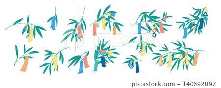Vector material set for Tanabata designs: bamboo, bamboo grass, tanzaku (paper strips for writing wishes), and stars. 140692097