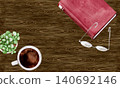 Taking a break with coffee and reading; table background watercolor illustration 140692146